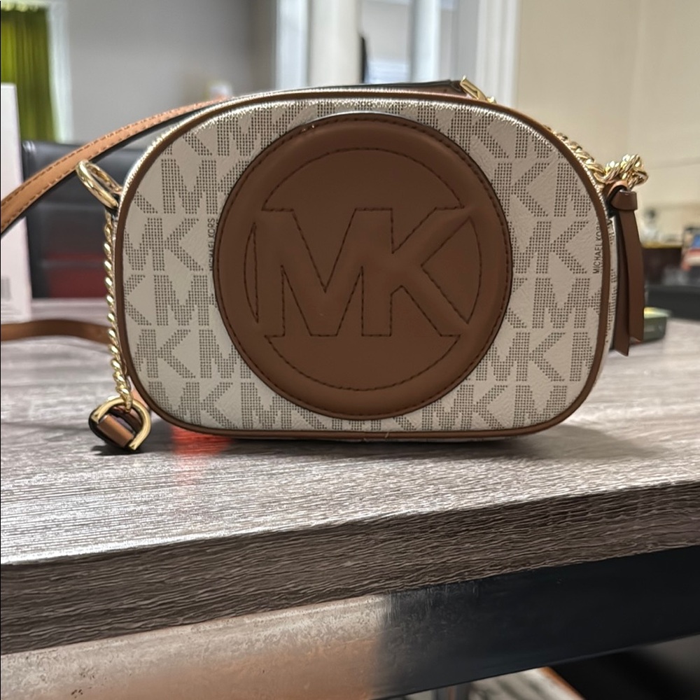 Michael Kors Cream and Brown Crossbody Bag with Gold Hardware